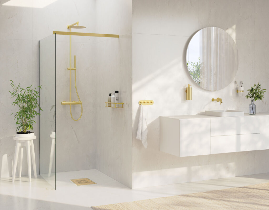 beige light modern bathroom with brass details